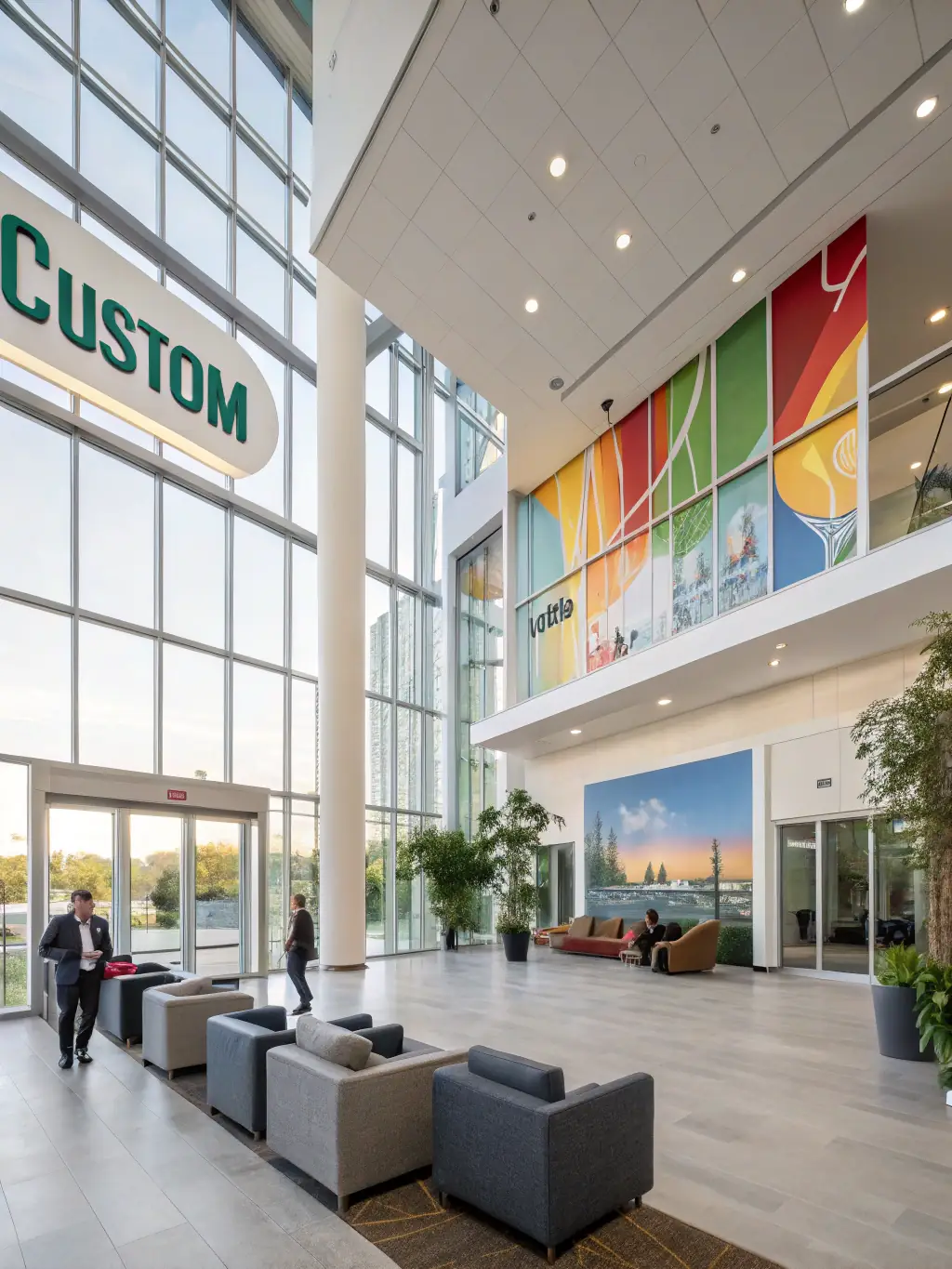 A sleek corporate office lobby with a large digital display showing company news and employee recognition.