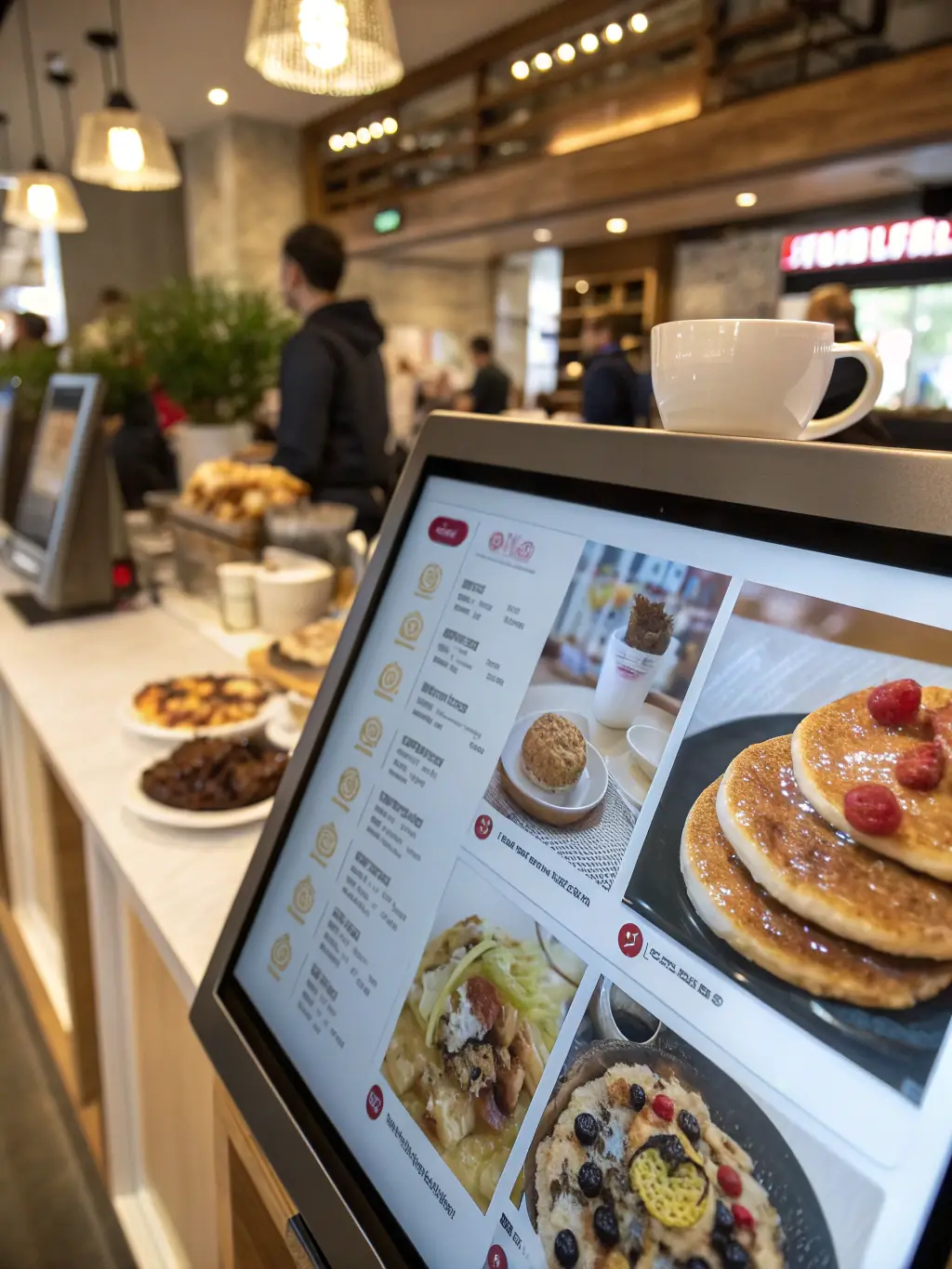 A digital menu board in a fast-food restaurant displaying enticing food images and prices, attracting customers and increasing sales.