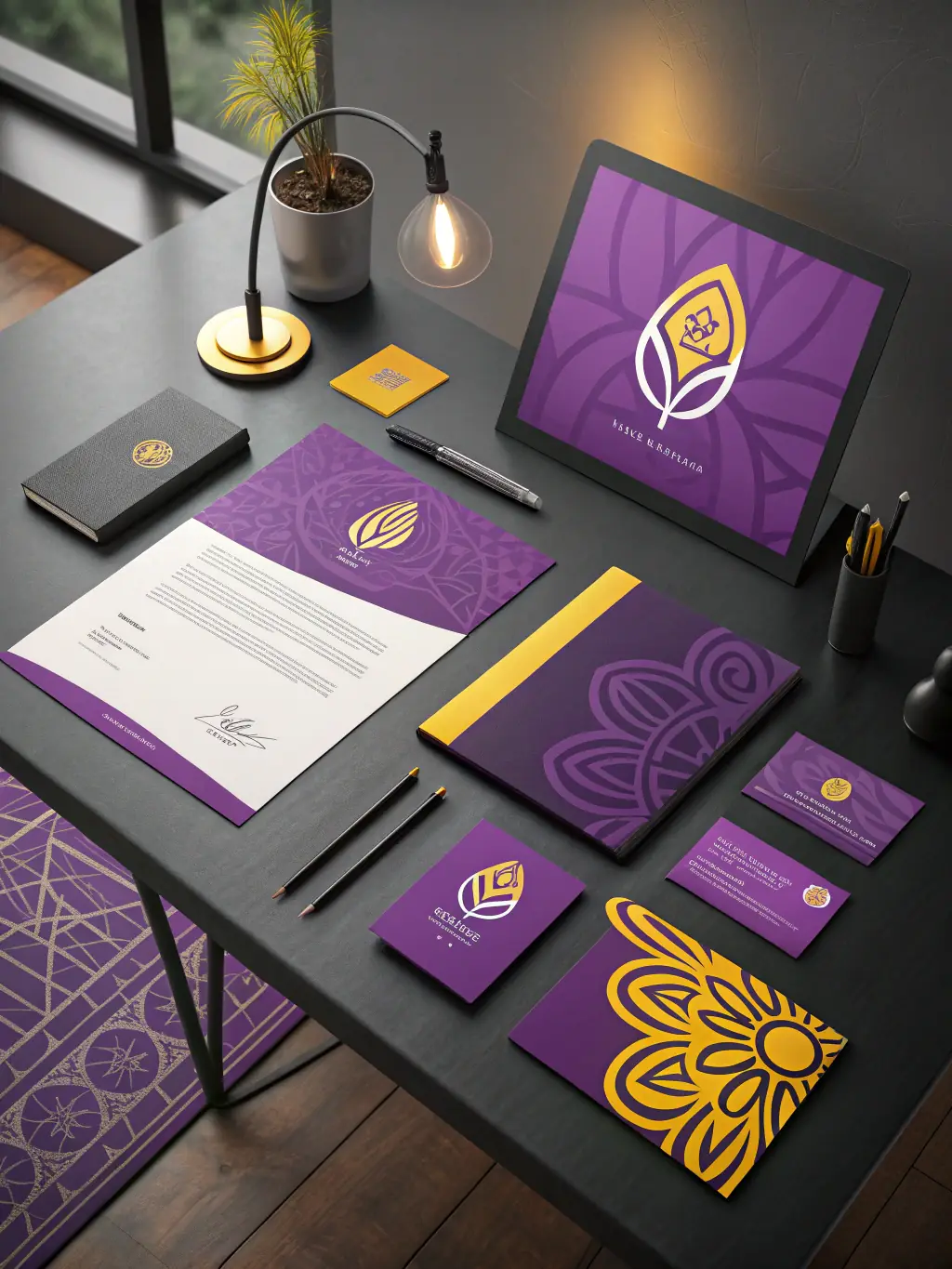 A mockup of various branded materials, such as business cards, letterheads, and social media templates, showcasing a unified brand identity.