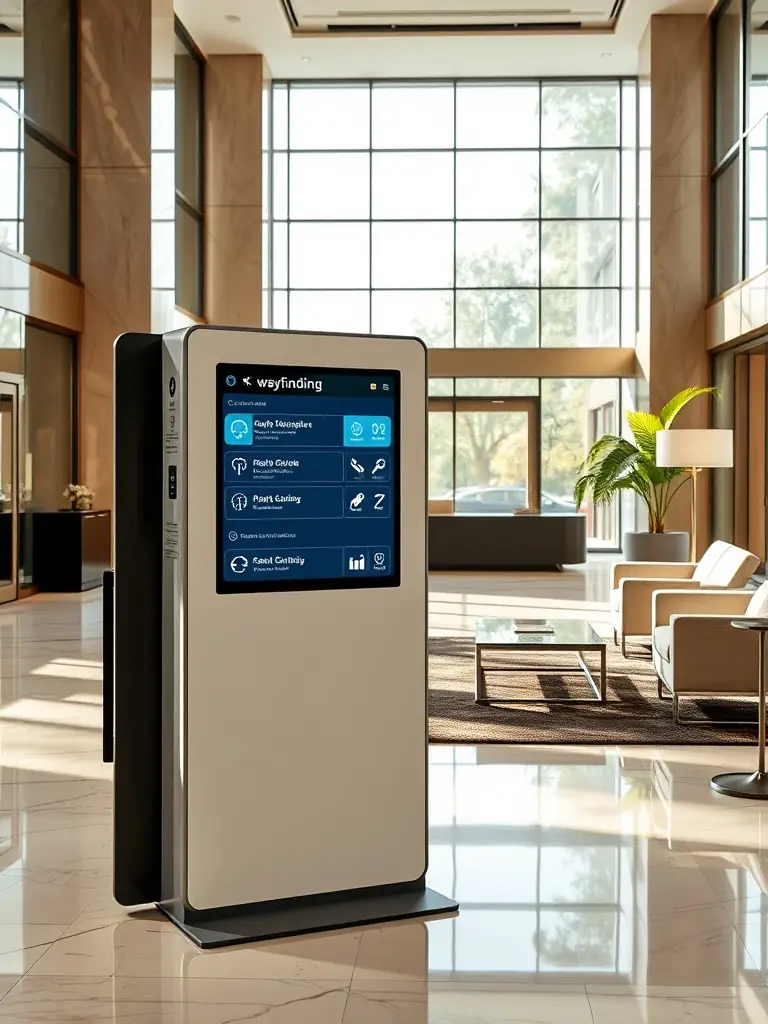 A digital information kiosk in a shopping mall providing wayfinding assistance and advertising local businesses to shoppers.