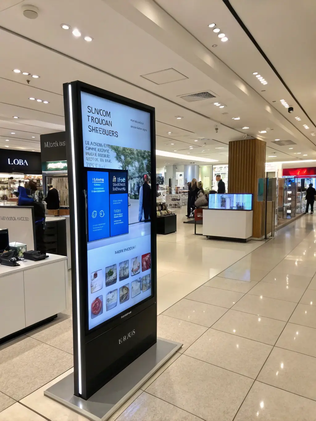 A modern retail store interior featuring a vibrant digital signage display showcasing promotional content and attracting customer attention.