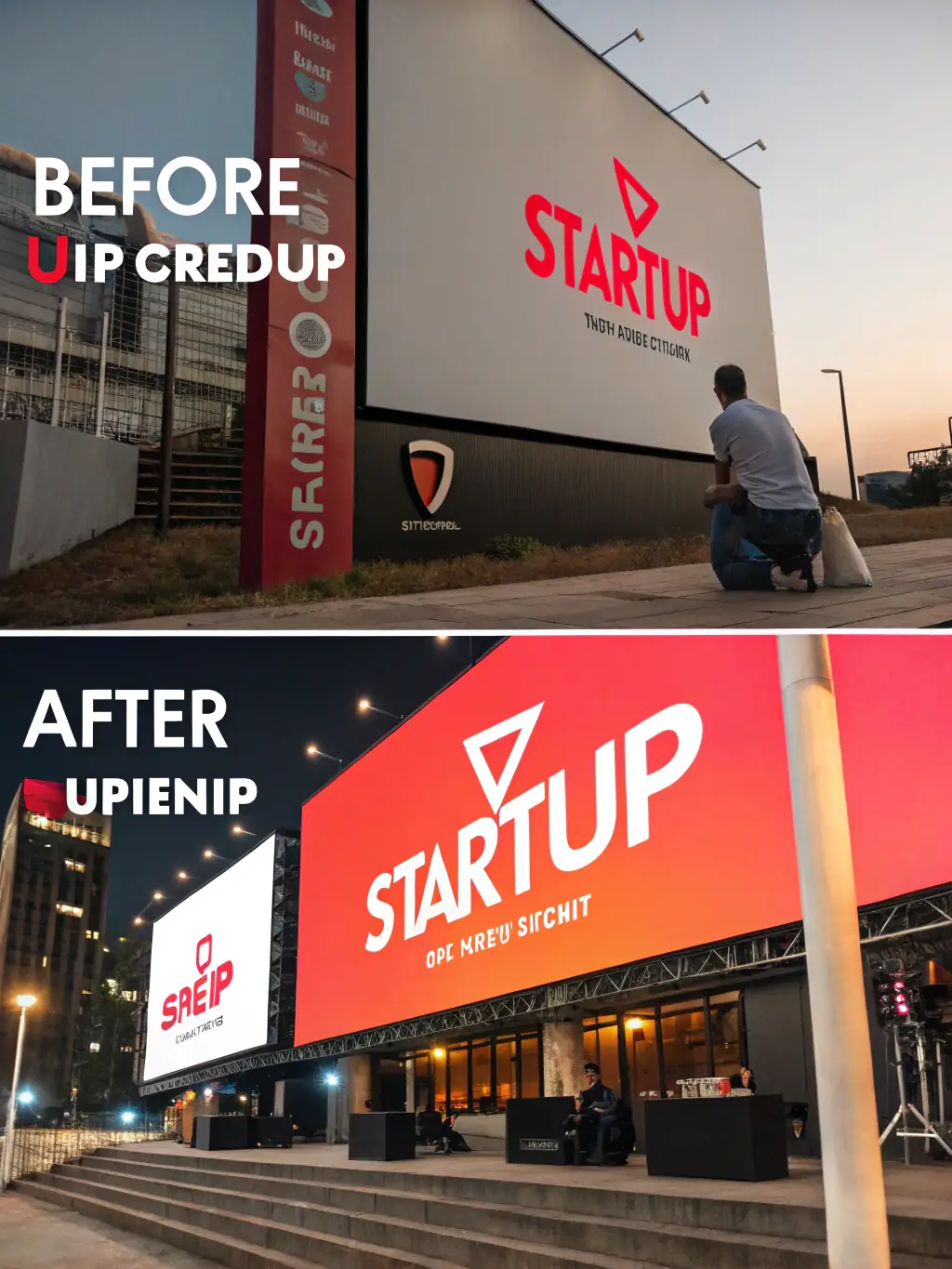 A before-and-after comparison of a company's branding, highlighting the positive transformation achieved through Kellies Branding's services.